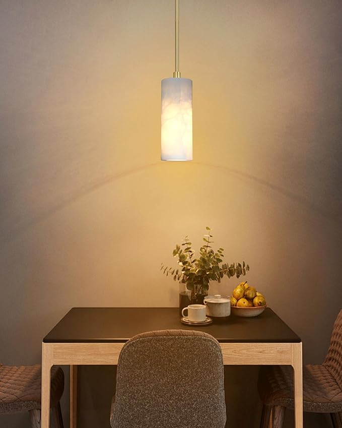 1 Light Modern Industrial Farmhouse Hanging Kitchen Island Pendant Ceiling Light Fixture,Cylinder Natural Alabaster Marble Brushed Bronze Finish Over Sink Restaurant bar Corridor