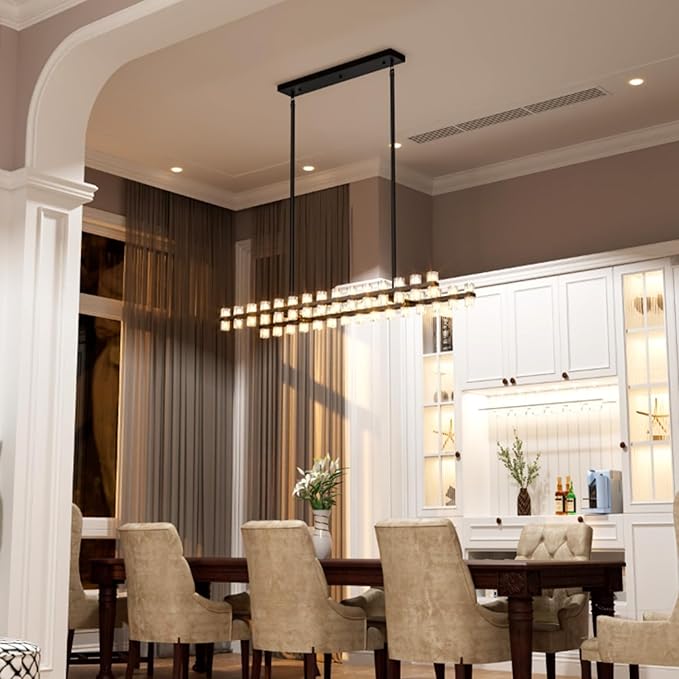 Black Rectangular Crystal Chandelier Light Fixture 53.4 in Dining Room Chandelier Over Table Modern Farmhouse Ceiling Pendant Hanging Light Fixture for Living Room, Kitchen Island (Bulb not Included)