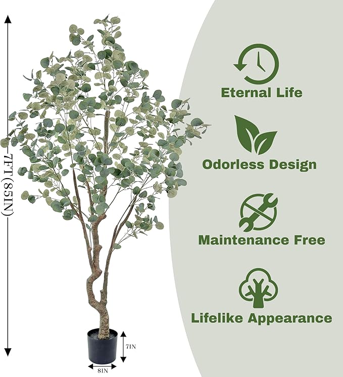 7ft(84IN) Tall Artificial Eucalyptus Tree Large Faux Plant with Realistic Trunks and Leaves,Fake Floor Potted Artificial Plants for Home Living Room Office Indoor Decor (7Feet,1Pack)