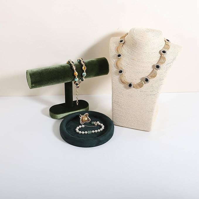 GemeShou Round Jewelry Organizer plate, Top Microfiber velvet Jewerly display tray, Empty Jewelry showcase tray for Necklace Bracelet Ring Earring display stand holder (Green-Small, 5.9 x 5.9 in)