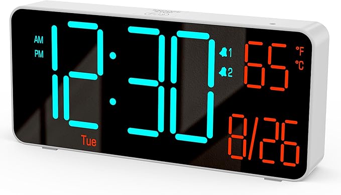 KOSUMOSU Small Digital Clock for Bedroom, 6.7in Desk Clock, Auto Dimming, Room Temperature, Day of The Week, Date, Seconds, Alarm Clocks for Bedrooms, Clocks for Living Room