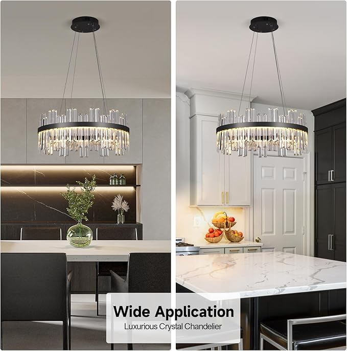 Black Led Modern Crystal Chandelier: 23.6" Round K9 Luxury Clear Crystals 3 Color Dimmable Contemporary Chandeliers for Dining Room Lights over Table - Adjustable Height Living Room Light with Remote