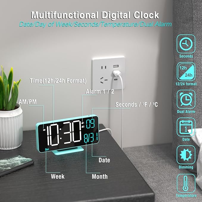 KOSUMOSU Digital Alarm Clock, 6.7in Digital Clock for Bedroom, Auto Dimming, Room Temperature, Day of The Week, Seconds, Date, Desk Clocks for Living Room, Alarm Clocks for Bedrooms