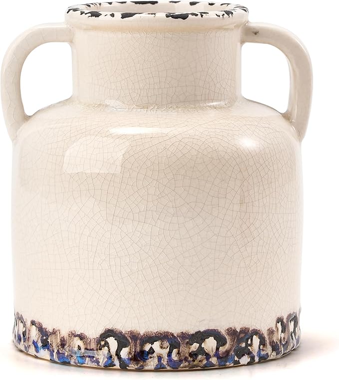 White Ceramic Vase with 2 Handles, 5.83 Inch Cute Retro Ice Cracked Flower Vase, Small Antique Vases for Modern Farmhouse Home Decor, Wedding, Living Room, Table, Shelf Decor, White