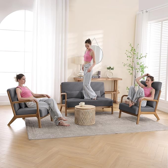 INZOY Mid-Century Modern Accent Chair Set of 2, Dark Grey Living Room Chairs with Waist Cushion, Upholstered Reading Armchair for Bedroom Sunroom