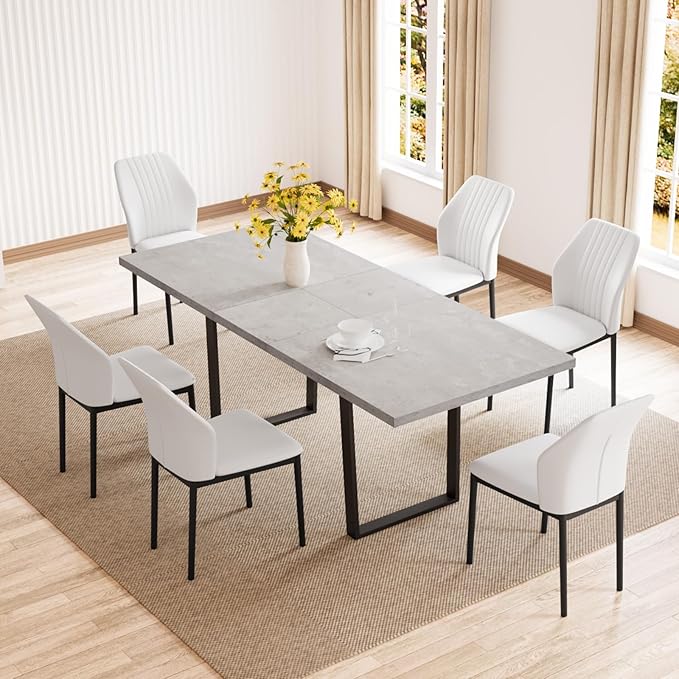 ZckyCine 79" Modern Dining Table Set for 6-8 People Kitchen Dining Room Table Set Extendable Wood Dining Table and 6 Upholstered Chairs, Home Kitchen Furniture