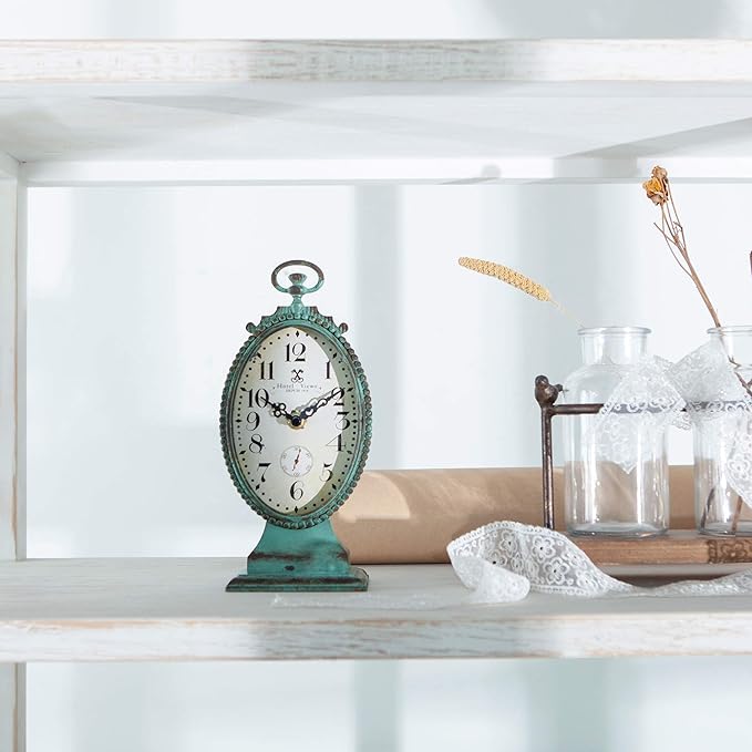 NIKKY HOME Vintage Table Clock - Battery Operated Rustic Distressed Style - Shabby Chic Home Decor for Fireplace Mantel, Shelf, Desktop, Countertop - Green