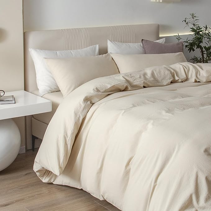 JIYUAN 100% Washed Cotton Duvet Cover Set 3 PCS Oversized King Plus, 1 Duvet Cover 128"x120"(Comforter Not Included) and 2 Pillowcases,Linen Feel Bedding Set Comfy and Breathable,Heathered Beige