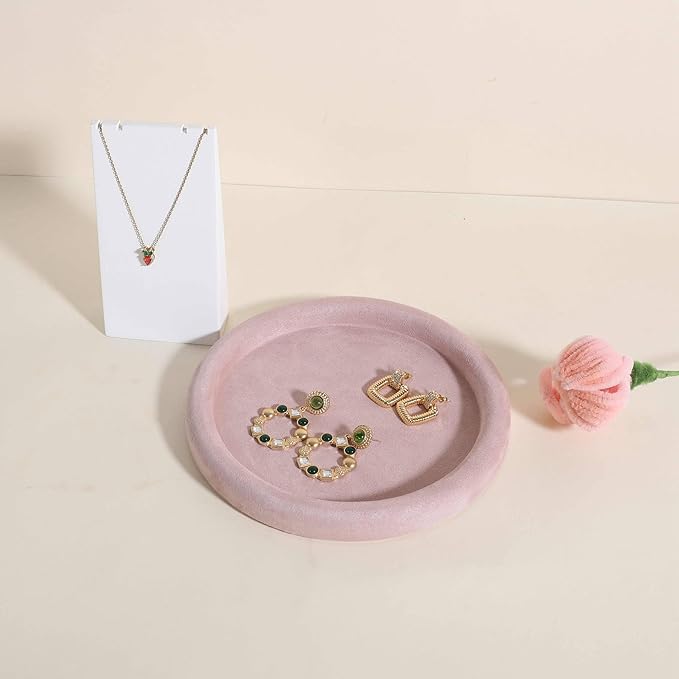 GemeShou Round Jewelry Organizer plate, Top Microfiber velvet Jewerly display tray, Empty Jewelry showcase tray for Necklace Bracelet Ring Earring display stand holder (Pink-Medium, 7.9 x 7.9 in)