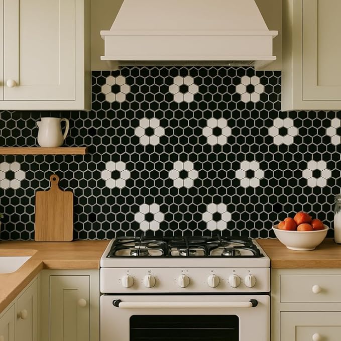 Tenedos Hexagon Glossy Black and White Flower Porcelain Mosaic Tile – Kitchen Backsplash, Bathroom Wall & Shower Floor Tile (5 Sheets)