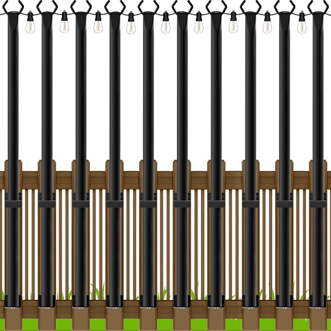 5Ft String Light Poles 10 Pack,Light Poles for Outside Lights,Outdoor with Fence Brackets Hanging Lights,Metal Stand Deck Patio Backyard