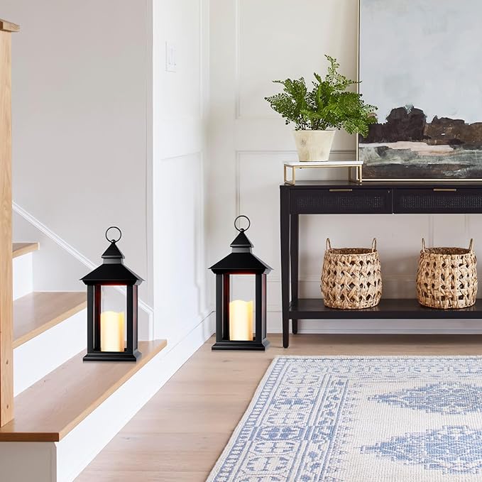 Lanterns Decorative Indoor, 14" Battery-Powered Waterproof Black LED Candle Lanterns with Timer for Patio & Outdoor, Vintage Hanging Lantern for Home & Wedding, Transparent