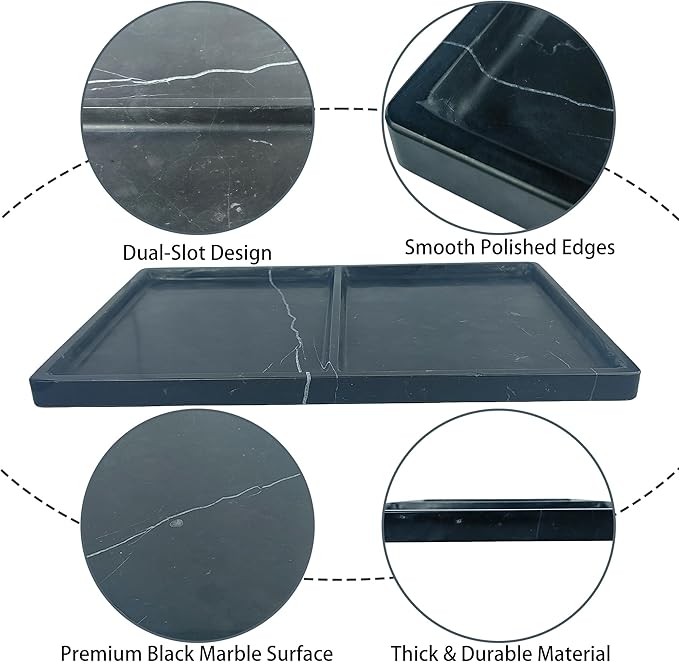 11.81"x7.87" Natural Marble Decorative Tray Countertop Organizer - 2 Compartments Polished Stone Storage Vanity Tray for Bathroom Kitchen Desk, Black White