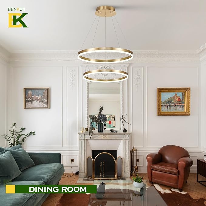 2-Rings Modern LED Chandelier Gold for Dining Room, Circular Flush Mount Ceiling Chandelier Light Dimmable Pendant Light with Remote Control for Living Room Entrance Foyer, 3000K-6500K
