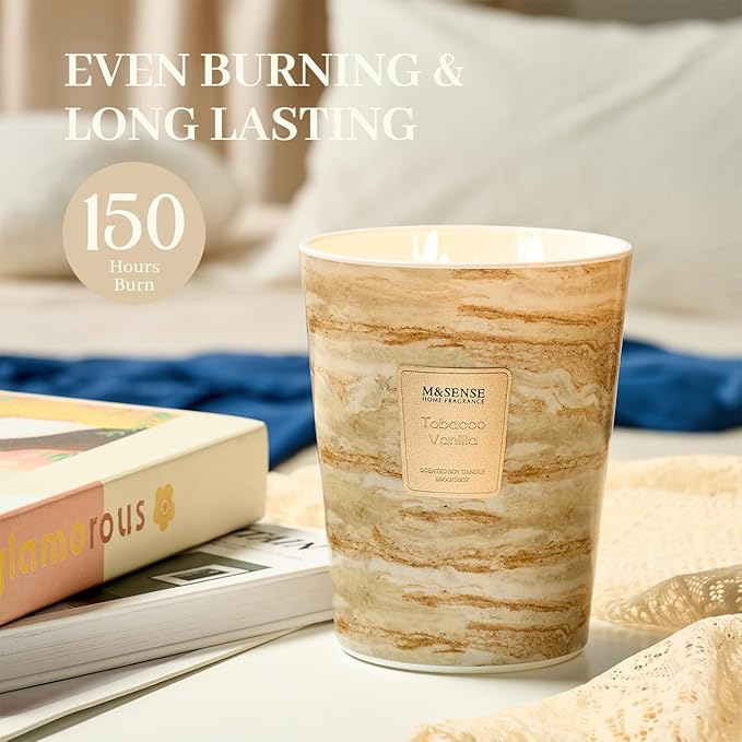 M&SENSE TobaccoVanilla Scented Candles for Home, 3-Wick Highly Scented Jar Candles, Extra Large Candle 35 Oz 150 Hours Long Lasting Burning, Relaxing Aromatherapy Candle for Stress Relief, Meditation