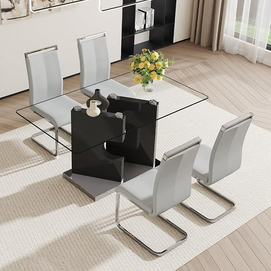 Glass Dining Room Table Set for 4,Dining Table Set for 4 with PU Leather Chairs,Retangular Dining Table with MDF Table Legs and Sliver Base for Dining Room
