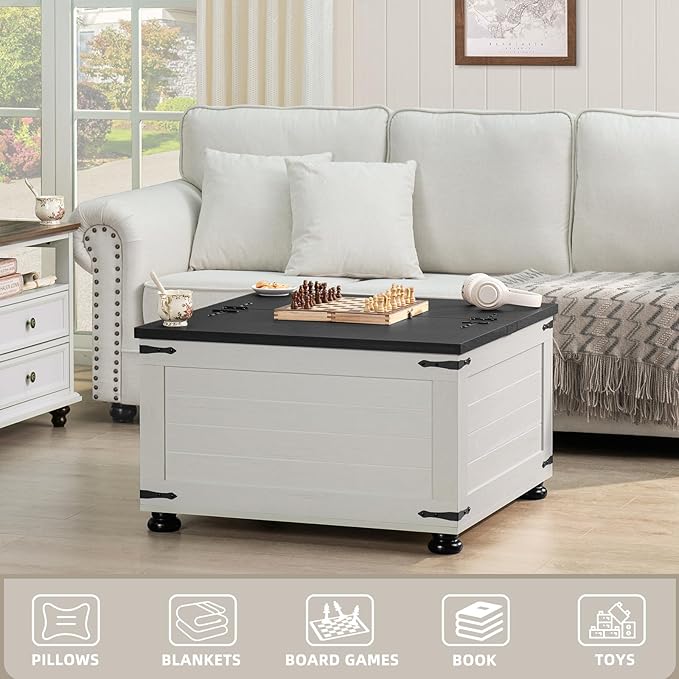 Farmhouse Coffee Table with Hidden Storage, Square Large Center Table for Living Room, Vintage Cocktail Tables with Flip-Top Lids, Farm House Tables with Wood Gourd Feet, Antique White & Black