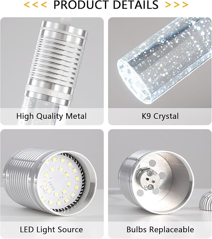 Set of 2 Pendant Lights for Kitchen Island, White Light, Silver Crystal Linear Pendant Lighting, Bar Corner LED Light Fixture