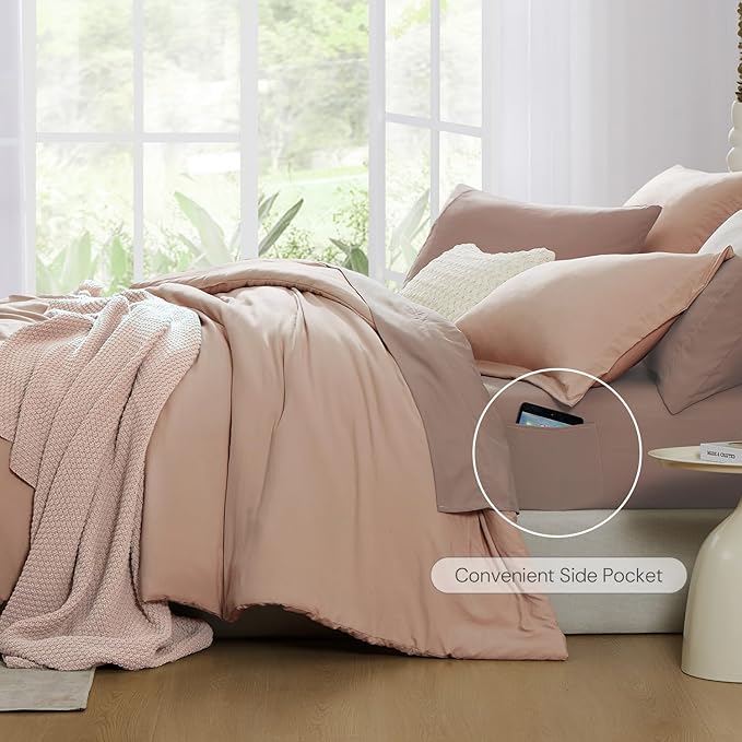 WRENSONGE Queen Comforter Set - 7 Pieces Clay Pink Soft Bed in a Bag Queen with Fitted Sheet, Flat Sheet, 2 Pillow Shams, and 2 Pillowcases- Warm Bedding Sets for All Season