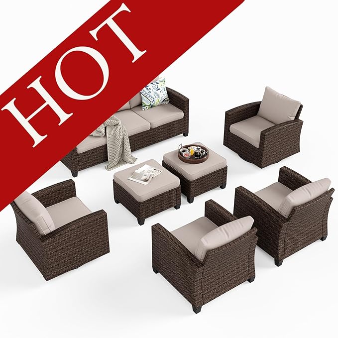 HERA'S HOUSE Wicker Patio Furniture Set, 7 Pieces Outdoor Seating Furniture, Patio Conversation Sofa Sets with Ottomans for Backyard Lawn Deck, Beige