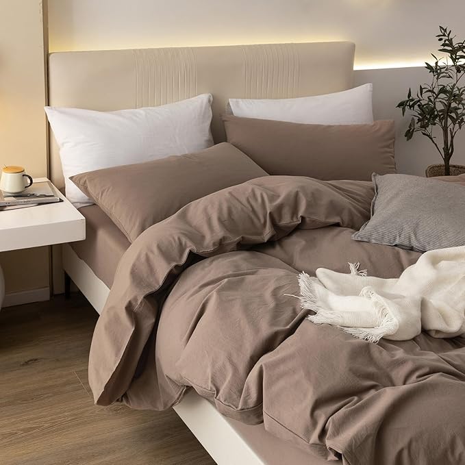 JIYUAN 100% Washed Cotton Duvet Cover Set 3 PCS Super King Plus, 1 Duvet Cover 120x120 Inches(Comforter Not Included) and 2 Pillowcases,Linen Feel Bedding Set Comfy and Breathable,Light Brown