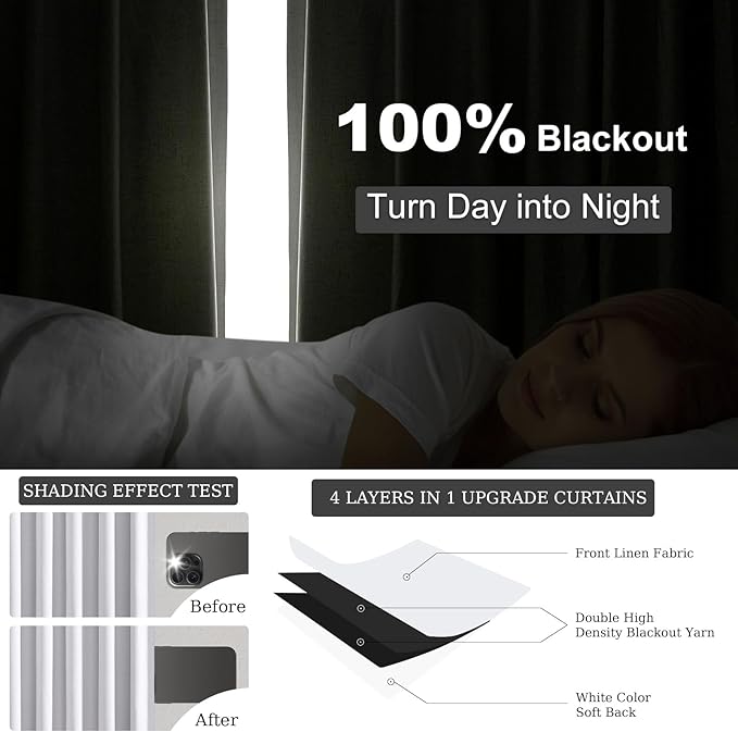 Topfinel White 105 Inches Long Custom Blackout Linen Curtains, Pinch Pleated Noise Cancelling Curtains with Pin Hooks for Traverse Rods, Viral Drapes 2 Panels for Living Room Master Bedroom