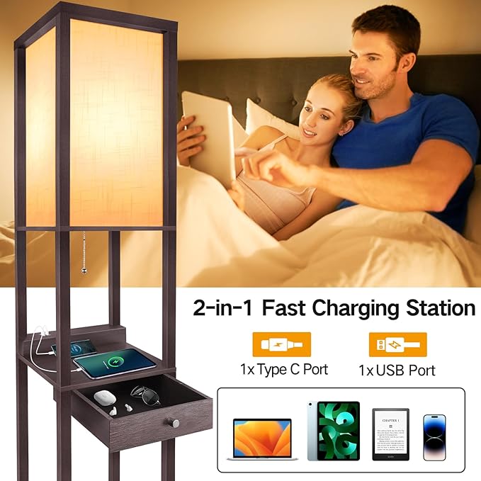OUTON Deluxe Shelf Floor Lamp with 1 Drawer, 2 USB-C Ports, 2 AC Outlets, LED Modern Floor Lamp with 3 Color Temperature, Storage Display Wood Standing Lamp for Living Room, Bedroom, Office (Walnut)