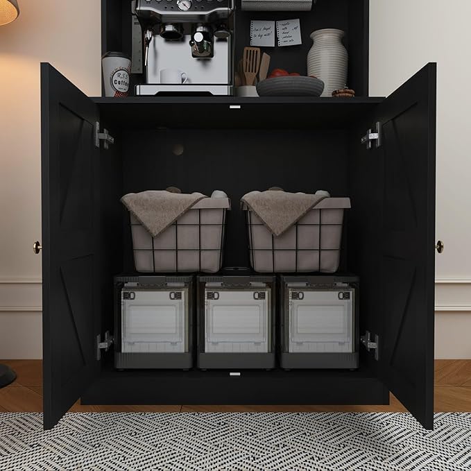 71" Tall Farmhouse Kitchen Pantry, Large Storage Cabinet with Glass Doors and Drawers, Freestanding Coffee Bar Hutch with Microwave Stand, Adjustable Shelves for Kitchen, Living Room, Black 4 Pcs