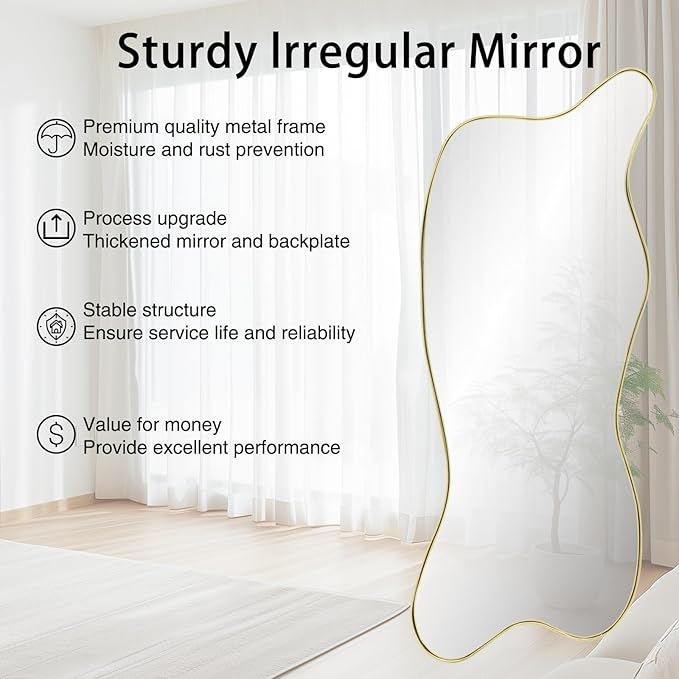 Large Gold Irregular Mirror, Asymmetrical Mirrors Full Length, 59.8"x23.6" Standing Floor for Dressing, Metal Frame Waved Shaped Mirror for Living Room Bathroom Bedroom Hallway Entryway