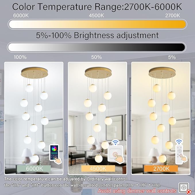 H118 Large Chandeliers for High Ceilings,12-Lights Mid Century Globe Chandelier Gold Modern Globe Pendant Light for Entryway Villas and Stairs