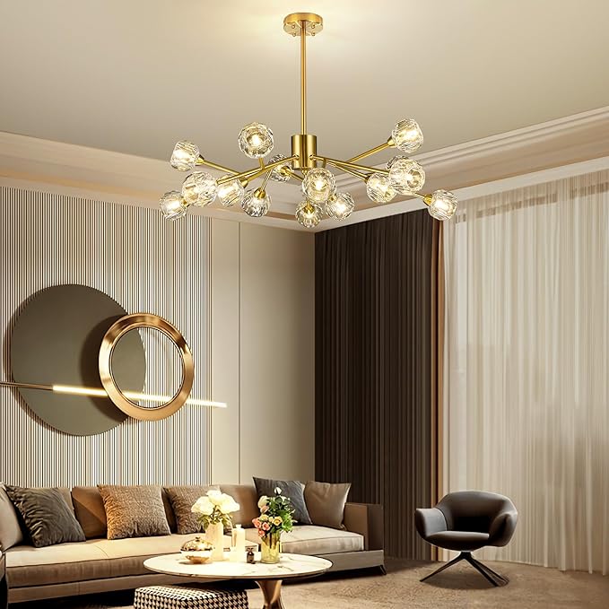 Sputnik Chandeliers for Dining Room Light Fixtures,Modern Crystal Chandeliers for Living Room,15 Lights Gold Mid Century Brass Lighting Fixtures for Kitchen Island Bedroom Entryway