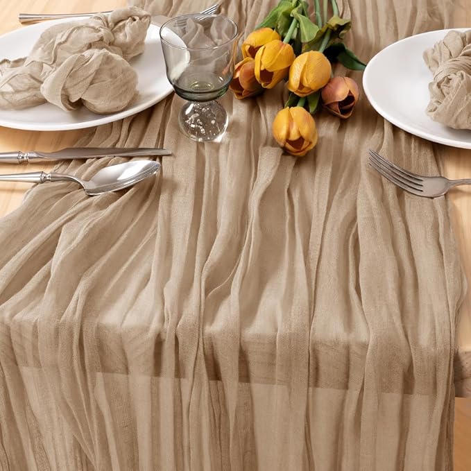 MLMC 8 Pack Nude Cheesecloth Table Runner Boho Rustic Gauze Taupe Cheese Cloth Table Runner 10ft Neutral Home Fall Decor 35x120 Inches for Reception Wedding Bridal Shower Picnic Decor