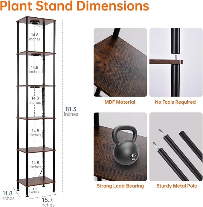 Plant Stand Indoor with Grow Light, 81.3" Tall Indoor Plant Shelf, 6 Tier Flower Stand with Plant Light Full Spectrum, Metal Plant Holder with Light, lighted Plant Rack for Home, Corner, Patio