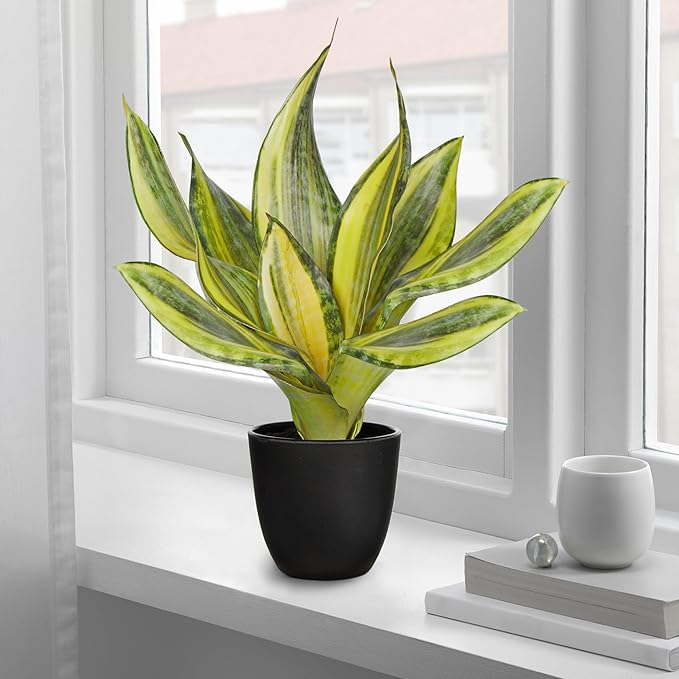 Fake Plant 11.22 Inch Fake Snake Plant Artificial Plants Indoor Sansevieria Faux Plants with Black Pot Artificial Snake Plant for Living Room Bathroom Office Table Centerpieces Shelf Home Decor