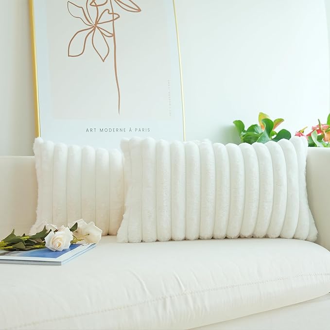 JOJUSIS Pack of 2 Faux Fur Plush Decorative Throw Pillow Covers Couch Cushion Case Soft Pillowcases (White, 12 x 20-Inch)