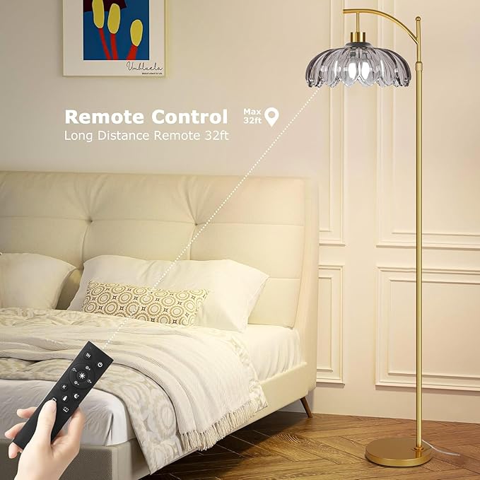 Floor Lamp for Living Room,Bedroom,Gold Dimmable Standing Lamp with Remote,Mid Century Modern Brass Tall Lamp Retro Vintage Grey Glass Lamp Floor Light Boho Bohemian