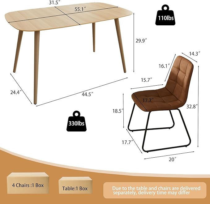 Modern 4-Piece Dining Table Set for 4 | 55-Inch Wood Kitchen Table & 4 Brown Leather Chairs | Space-Saving Dining Set for Small Spaces, Breakfast Nook, Dining Room
