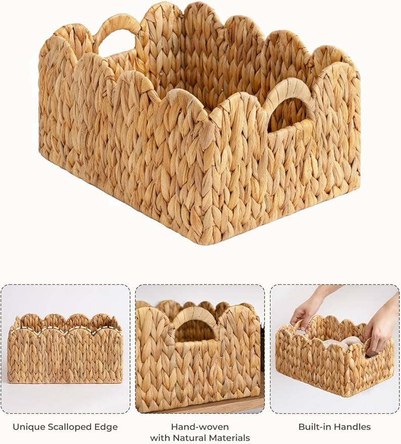 StorageWorks Scalloped Edge Wicker Basket, Hand-woven Rattan Baskets with Built-in Handles, Water Hyacinth Basket for Organizing and Decor, 2 Pack