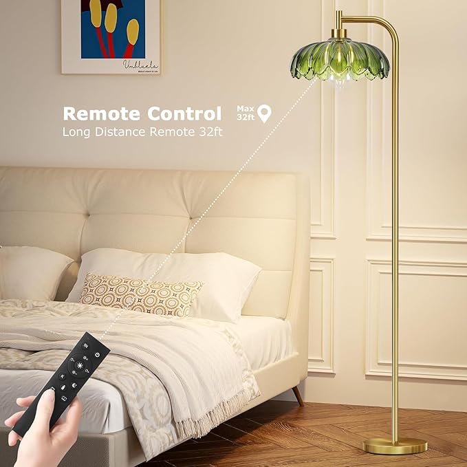 Glass Floor Lamp for Living Room,Bedroom,Gold Mid Century Modern Standing Lamp with Remote Dimmable,Boho Brass Tall Lamp Vintage Retro Green Arc Floor Lamps Flower Floor Light Bohemian