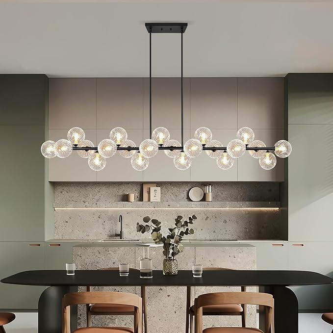 Modern Linear Chandeliers for Dining Room 70 Inhch Sputnik Linear Chandelier Clear Striped Glass Globe Pendant Light for Kitchen Island, Farmhouse, Living Room, Dia 70 Inch