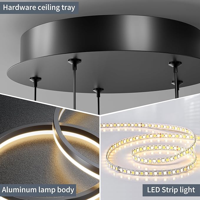 LED Pendant Light for Kitchen Island, 5-Ring Black Modern Chandelier, Dimmable 3000K-6500K, Adjustable Height, Remote Control, Hanging Ceiling Lighting Fixture for Dining Room, Living Room Lamp