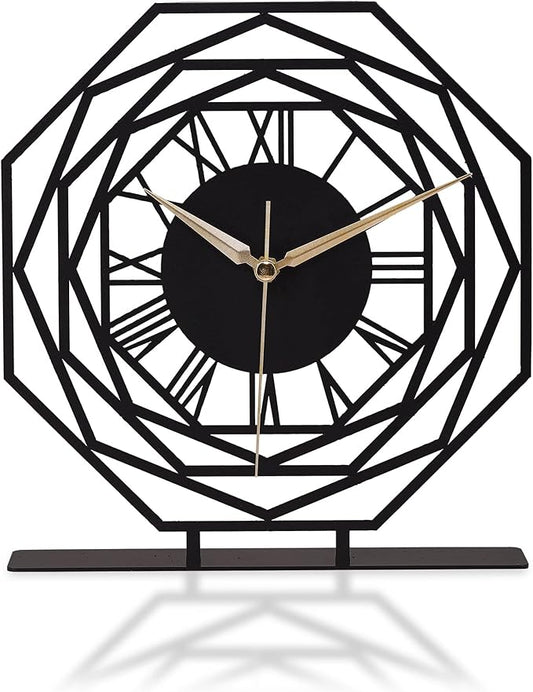 8.9x9.5 Metal Desk Clock, Black Round Silent Non-Ticking Analog Table Clock, Battery Operated, Decorative Desk and Shelf Clock, Desk Clocks for Living Room Bedroom Kitchen Office School