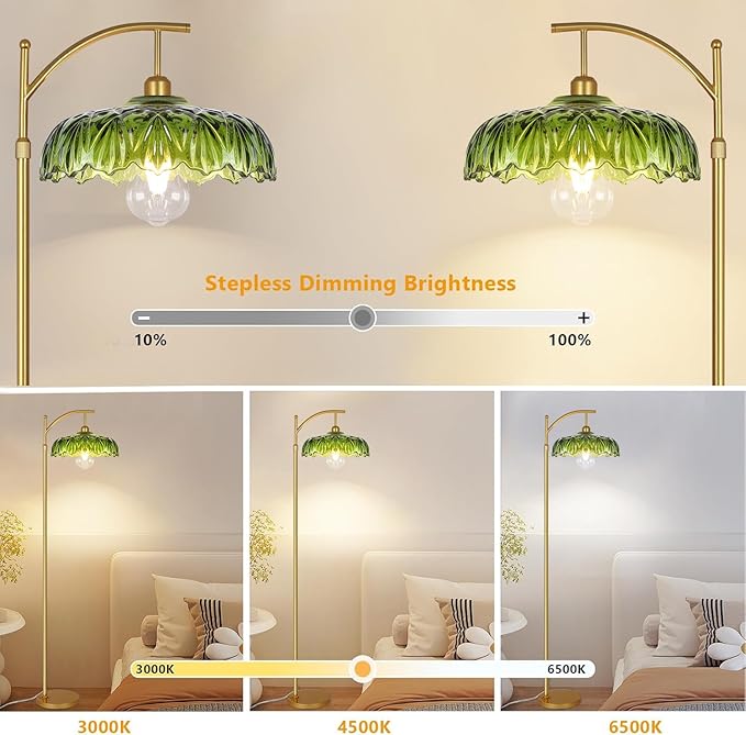 Glass Floor Lamp for Living Room,Bedroom,Gold Standing Lamp with Remote,Dimmable Brass Mid Century Modern Tall Lamp Vintage Retro Green Floor Lamps Boho Flower Floor Light Arc Bohemian