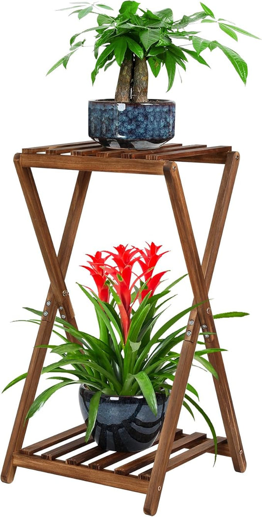 Plant Stand Indoor,Wooden 2 Tier Plant Stands,Corner Square Plant Shelf,Rustic Flower Stand Tall Plant Holder for Living Room Bedroom Balcony Office