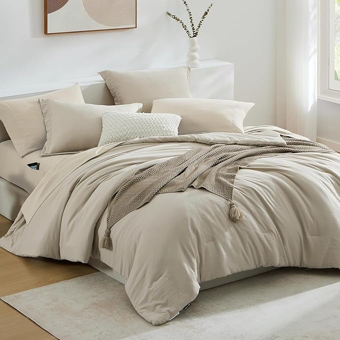 WRENSONGE King Size Comforter Set, 7 Pieces Soft Light Oatmeal Bed in a Bag King with Fitted Sheet, Flat Sheet, 2 Pillow Shams, and 2 Pillowcases- Warm Bedding Set for All Season