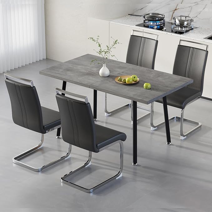 5 Piece Dining Table Set for 4-6,55-71" Extendable Dining Table Set with 4 Upholstered Chairs,Rectangle Kitchen Table Set for Small Space,Dining Room and Office,Grey
