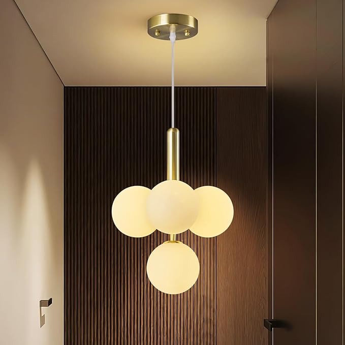 4 Light Globe Chandelier Mid Century Pendant Light with Milky White Glass Shade Modern Gold Sputnik Chandeliers for Dining Room Living Room Bedroom Kitchen Island