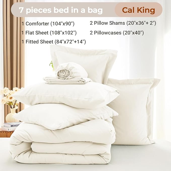 MUXHOMO 7 Pieces California King Comforter Set, Soft Bed in a Bag Cal King Size, All Season Bedding Set with Comforter, Flat Sheet, Fitted Sheet, Pillowcases & Shams, Ivory