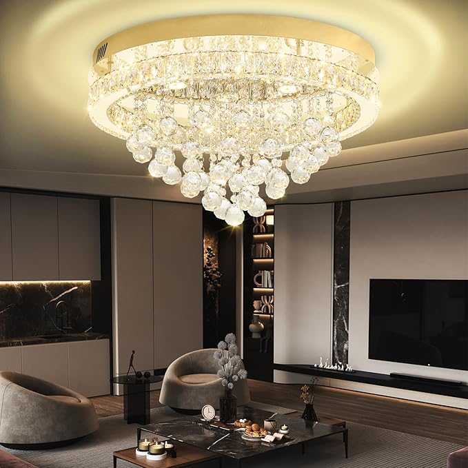 24" Modern Crystal Chandeliers for Dining Room Gold Ceiling Chandelier Flush Mount Crystal Ceiling Light for Bedroom Living Room Hallway