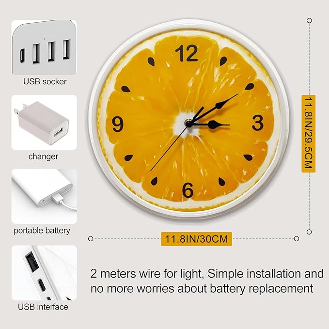 jXIN 12 Inch Orange - Shaped Fun Clock, 2-in-1 LED Silent Clock and Warm White Night Light, Creative Decorative for Cozy Atmosphere Children's Room